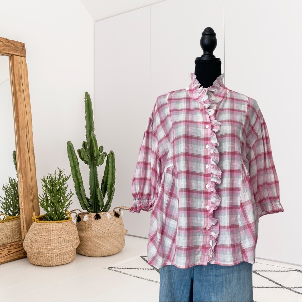 Sundance Janice Plaid Ruffle Trim Button Down Top